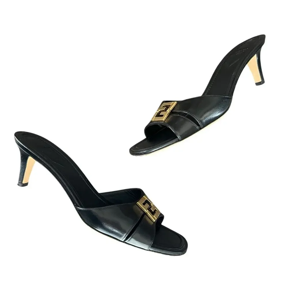 Fendi Women’s Ffold Square Toe Black Leather Gold Hardware Kitten Heel Sandals - Picture 3 of 13